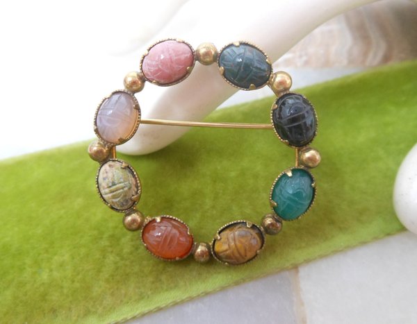 Vintage BAL RON Gold Fill Brooch Scarab Beetle Pin Wreath Circle 12K GF Egyptian Revival Mid Century Jewelry Gift, VivianJoel.com