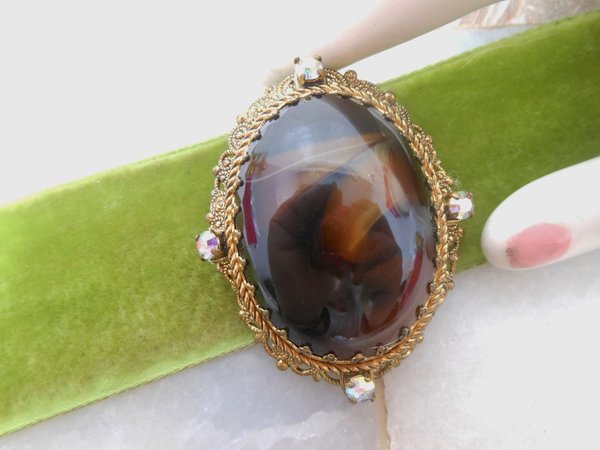 Vintage WEST GERMANY Brooch Root Beer Slag Art Glass Pin Ornate Gift Victorian Regency Revival Jewelry Mid Century, VivianJoel.com