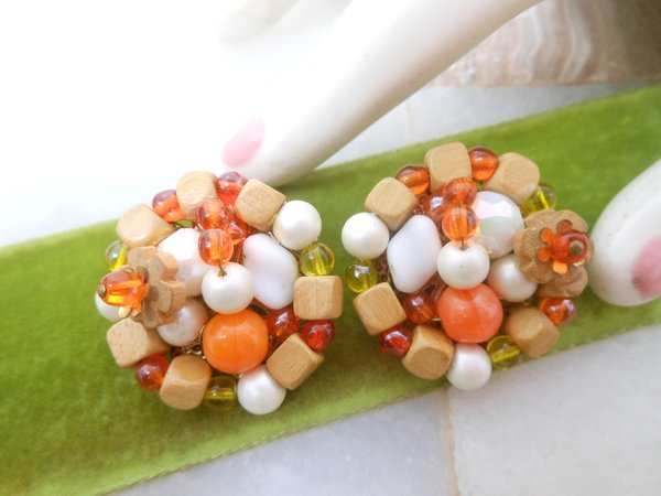 Vintage Orange Earrings Cluster Bead Clip On Glass Faux Pearl White Milk Glass Jewelry Gift Mid Century, VivianJoel.com