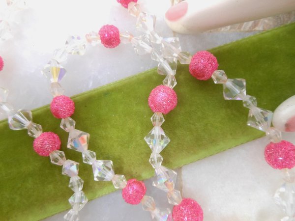 Vintage Pink Bead Crystal Necklace Sugar Bicone Aurora Borealis Mid Century Jewelry Gift, VivianJoel.com