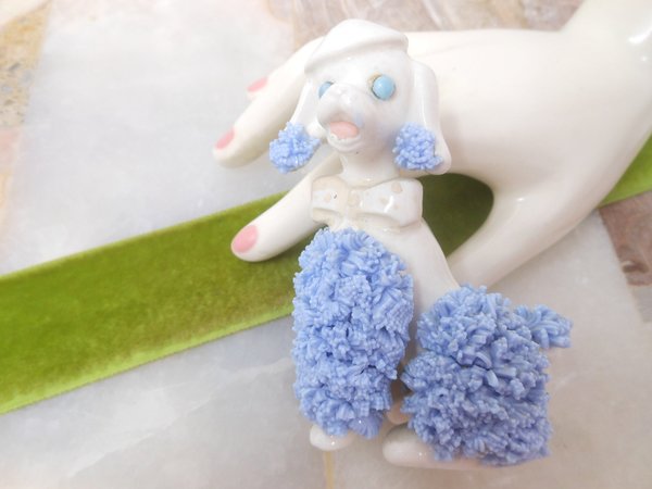 Vintage Blue Spaghetti Poodle Ceramic Porcelain Bow Tie Beret Dog Figural Anthropomorphic Figurine Mid Century Gift, VivianJoel.com