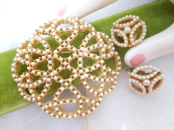 Vintage CAPRI Faux Pearl SET  Big Brooch Flower Earrings Regency Revival Designer Mid Century Jewelry Gift, VivianJoel.com