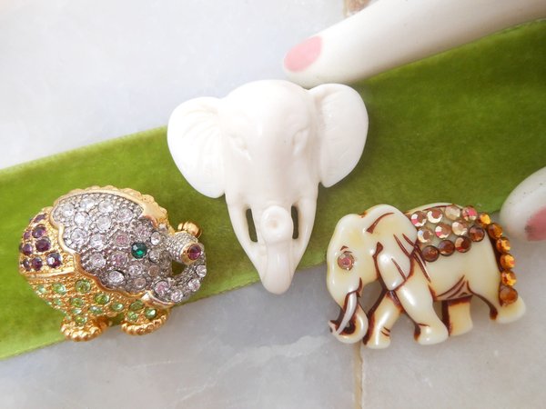Vintage LOT 3 Elephant Rhinestone Pin Brooch Chunky Fruit Salad Crystal Figural Resin Plastic Mid Century Jewelry Gift, VivianJoel.com