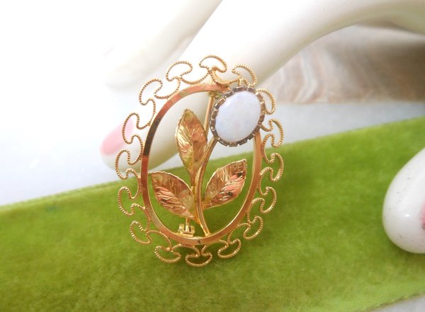 Vintage Opal Brooch Filigree Pin Gold Fill KL Charles Rothman Jewelry Gift Minimalist Designer Mid Century, VivianJoel.com