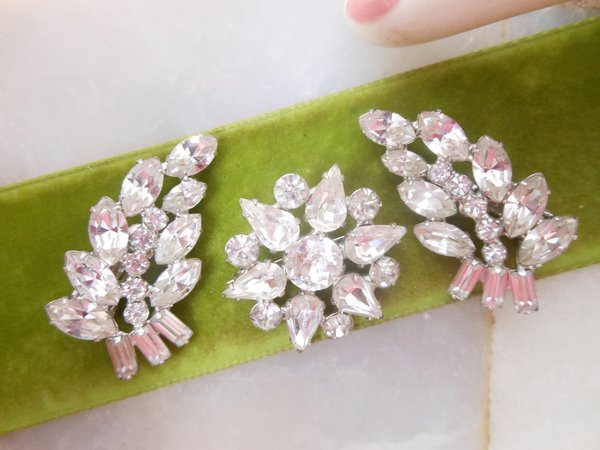 Vintage B DAVID Rhinestone Earrings Brooch Set Clip On Ice Clear Crystal Pin Flower Leaf Designer Mid Century Jewelry Gift, VivianJoel.com