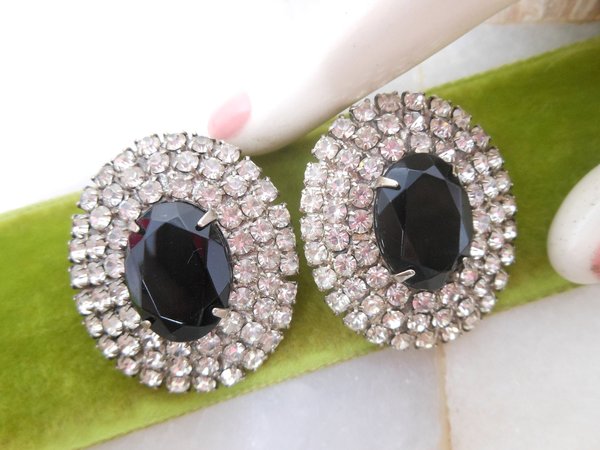 Vintage Black Rhinestone Earrings Deco Clip On Jumbo Black Regency Renaissance Revival Jewelry Mid Century, VivianJoel.com