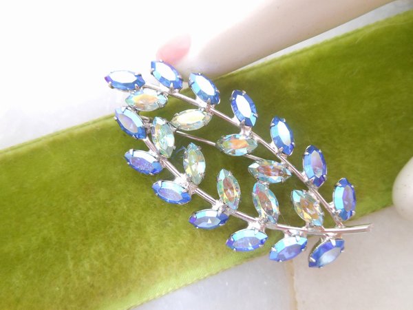 Vintage B DAVID Brooch Rhinestone Flower Leaf Pin Aurora Borealis Blue Crystal Designer Jewelry Gift Mid Century, VivianJoel.com