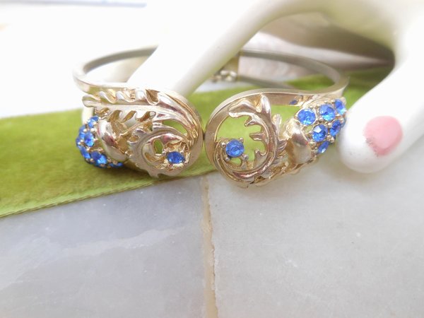 Vintage Rhinestone Blue Bracelet Cuff Clamper Bangle Mid Century Jewelry Gift, VivianJoel.com