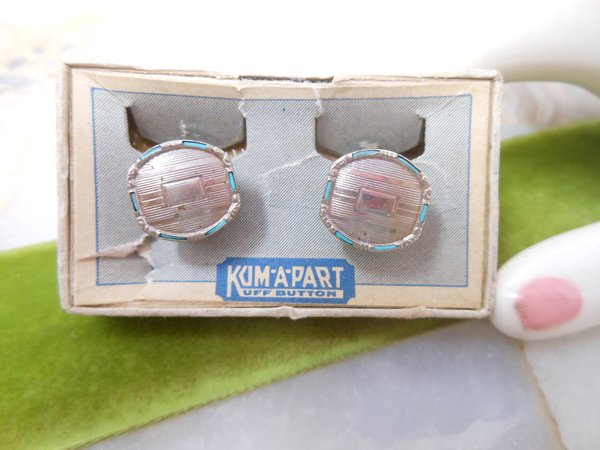 Vintage B & W Cufflink Kum A Part Art Deco Snap Cuff Pin Blue Enamel Silverplate 1923 Groom Best Man Gift, VivianJoel.com
