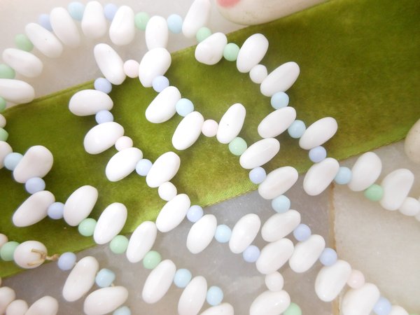 Vintage Milk Glass Bead Necklace Pastel Pink Blue Green Repurpose Reuse Restring Jewelry Mid Century Gift, VivianJoel.com