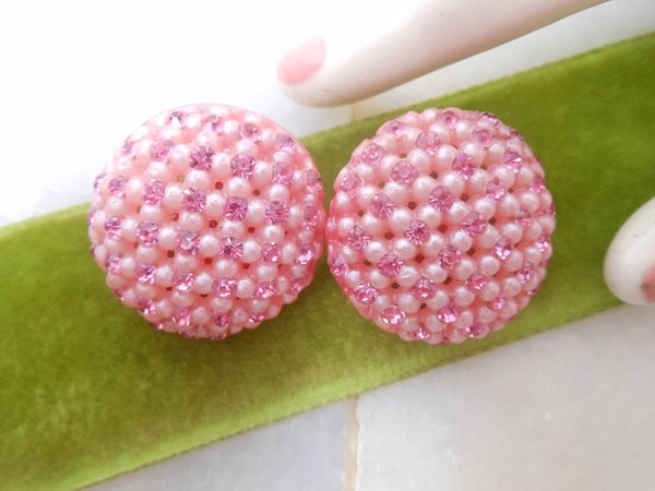 Vintage Pink Rhinestone Earrings Clip On Plastic Dome Retro Kitsch Mid Century Jewelry Gift, VivianJoel.com