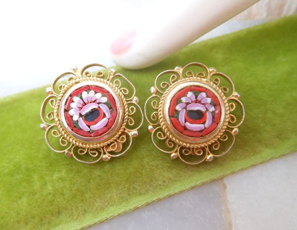 Vintage Flower Micro Mosaic Art Glass Tile Earrings Clip On Ornate Filigree Micromosaic Mid Century Jewelry Gift, VivianJoel.com