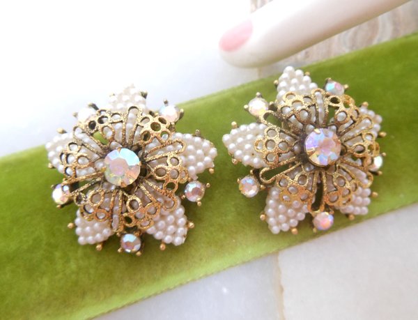 Vintage SELINI Rhinestone Flower Earrings Clip On Tiny Faux Pearl Ornate Cluster Designer Wedding SELRO Mid Century Jewelry, VivianJoel.com