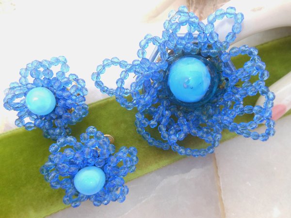 Vintage Blue Flower Bead Brooch Pin Earrings Set Clip On Cluster Artisan Handcraft Mid Century Jewelry Gift, VivianJoel.com