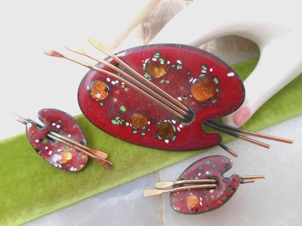 Vintage MATISSE RENOIR Enamel Copper Painter Palette Brooch Earrings Set Modernist Artisan Pin Red Jewelry Mid Century Gift,  VivianJoel.com