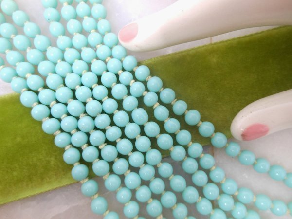 Vintage Art Deco Flapper Necklace Aqua Blue Glass Bead Long 59" Opera Knotted Czech Mid Century Jewelry Gift, VivianJoel.com