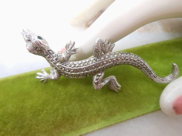 Vintage Lizard Gecko Pin Silver Brooch Marcasite Rhinestone Alligator Tropical Figural Jewelry Gift Mid Century, VivianJoel.com