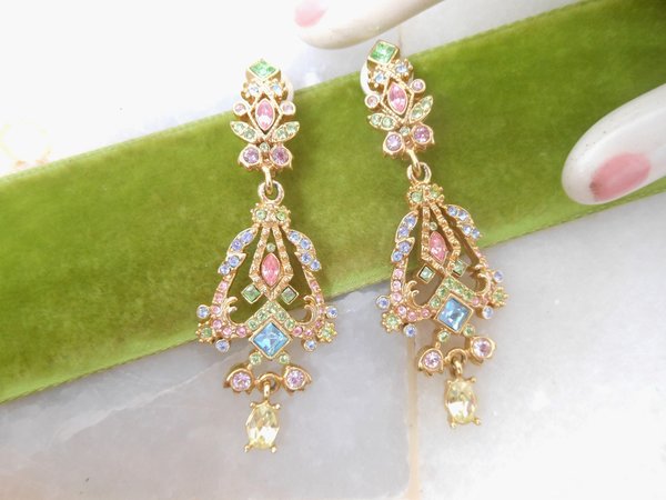 Vintage JOAN RIVERS Designer Earrings Dangle Drop Clip On Chandelier Pastel Pink Crystal Rhinestone Jewelry Statement Gift, VivianJoel.com