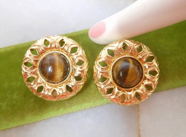 Vintage ST JOHN Designer Earrings Clip On Tiger Eye Gold Plate Bold Runway Jewelry Gift Mid Century, VivianJoel.com