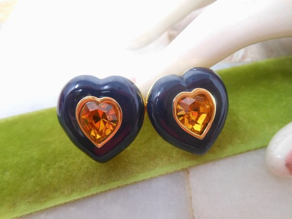 Vintage JOAN RIVERS Heart Earrings Clip On Blue Enamel Topaz Crystal Rhinestone Gold Plate Designer Jewelry Gift, VivianJoel.com
