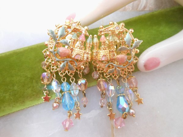 Vintage KIRKS FOLLY Earrings Designer Undersea Castle Crystal Dangle Drop Enamel Runway Jewelry Gift, VivianJoel.com