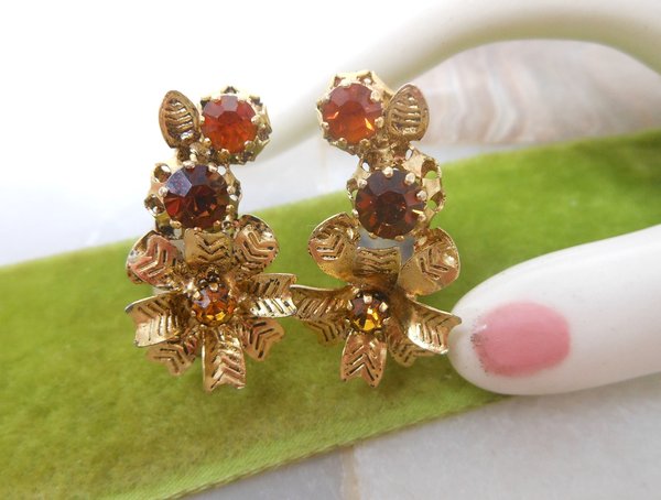 Vintage AUSTRIA Rhinestone Flower Earrings Clip On Topaz Citrine Crystal Mid Century Jewelry Gift, VivianJoel.com