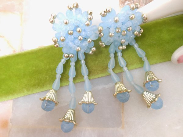 Vintage Huge Blue Earrings Dangle Drop Plastic Bead Shoulder Duster Jumbo 80s Jewelry Gift Mid Century, VivianJoel.com