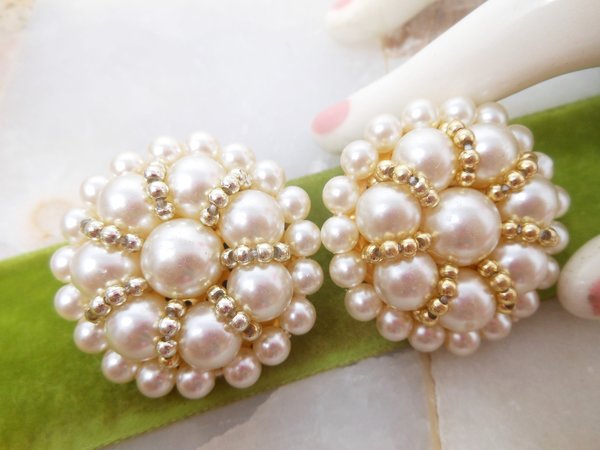 Vintage PARK LANE Jumbo Earrings Faux Pearl Bead Cluster Gold Tone Clip On Designer Mid Century Jewelry Gift, VivianJoel.com