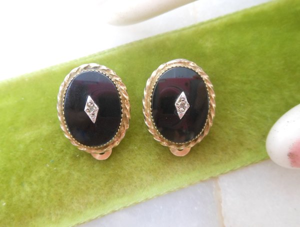 Vintage CHARLES ROTHMAN Gold Fill Earrings Clip On Mourning Black Glass GF Victorian Revival Designer Mid Century Jewelry, VivianJoel.com