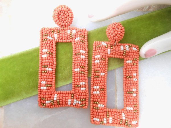 Vintage Glass Seed Bead Earrings Pierced Ear Dangle Drop Orange Gold White Mod Swingy Huge Fun Jewelry Gift, VivianJoel.com