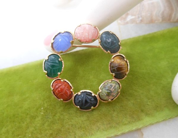 Vintage D'OR Scarab Brooch Gemstone Pin GF Gold Fill Circle Wreath Egyptian Revival Beetle Designer Jewelry Mid Century Gift, VivianJoel.com