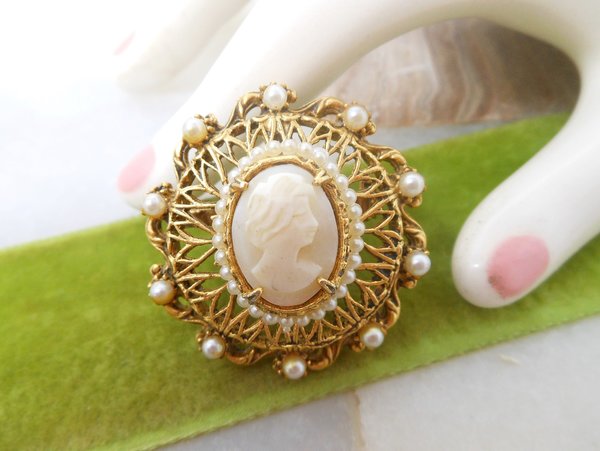 Vintage FLORENZA Brooch Victorian Revival Pin Pendant Cameo Ornate Faux Pearl Mid Century Designer Jewelry Gift, VivianJoel.com