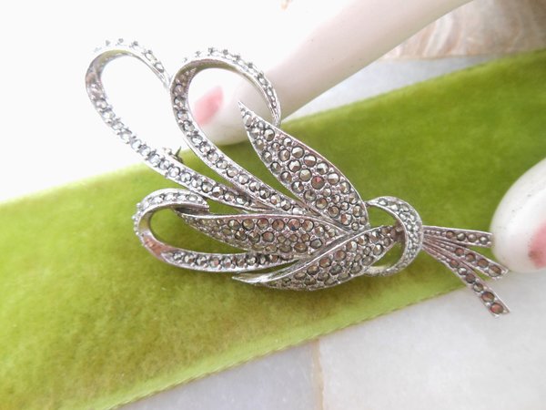 Vintage SPHINX Marcasite Brooch Elegant Ribbon Pin Branch Designer Jewelry Gift Mid Century, VivianJoel.com
