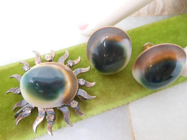 Vintage Operculum STERLING SILVER Brooch Sunburst Pin Designer Rode'Art Earrings Cat Eye Shiva Shell Mid Century Jewelry, VivianJoel.com