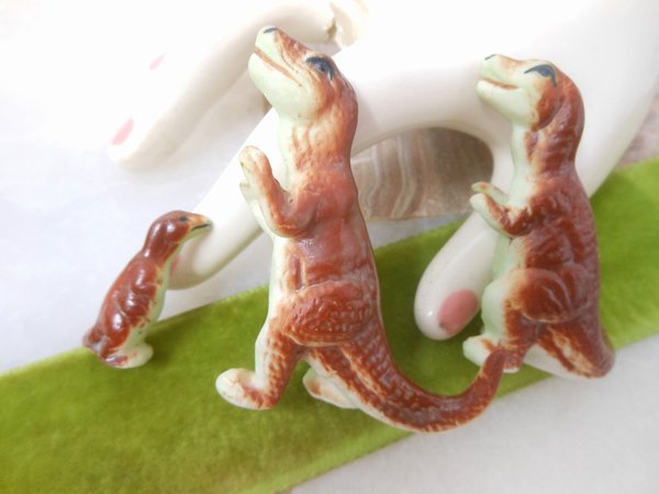 Vintage Miniature Dinosaur Set Lot Trio JAPAN Bone China Bisque Porcelain Animal Figurine Family Mid Century Gift, VivianJoel.com