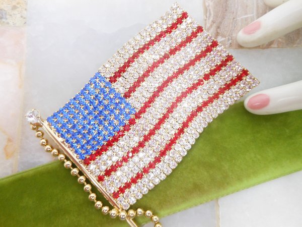 Vintage HUGE USA Flag Brooch Rhinestone Crystal Patriotic Pin Statement Runway Mid Century Jewelry Gift, VivianJoel.com