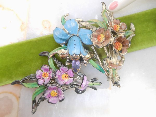 Vintage LOT 3 Orchid Rhinestone Flower Pin Brooch Enamel Plastic Celluloid Bouquet Mid Century Jewelry Gift, VivianJoel.com