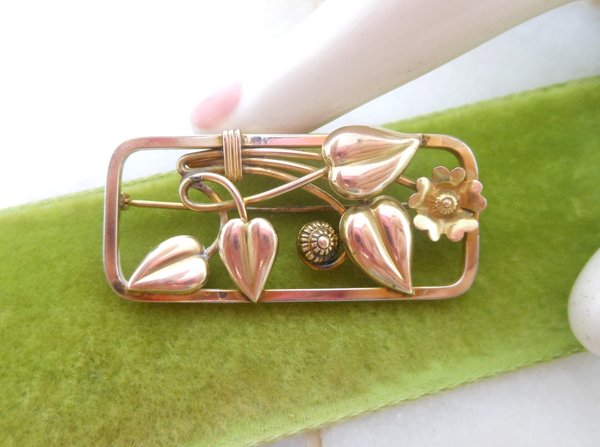 Vintage Flower Brooch Gold Fill Frame Pin GF Designer LOUIS STERN Mid Century Art Nouveau Style Jewelry Gift, VivianJoel.com