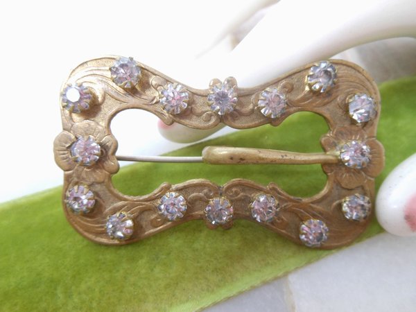 Vintage Rhinestone Sash Brooch Buckle Pin Clear Paste Jewelry Gift Wardrobe Costume Victorian Art Nouveau Mid Century, VivianJoel.com