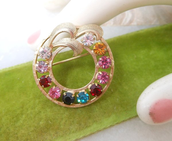 Vintage Rhinestone Wreath Brooch Pin Fruit Salad Circle Regency Revival Mid Century Jewelry Gift, VivianJoel.com