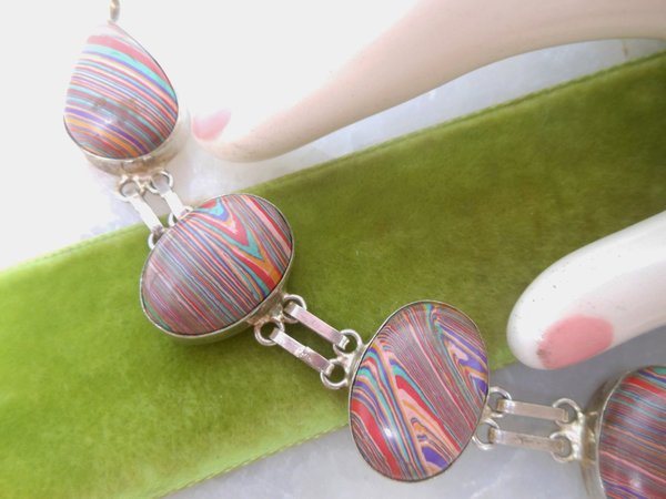 Vintage Fordite STERLING SILVER Bracelet Chunky Link Detroit Agate Artisan Handcraft OOAK Jewelry Gift, VivianJoel.com