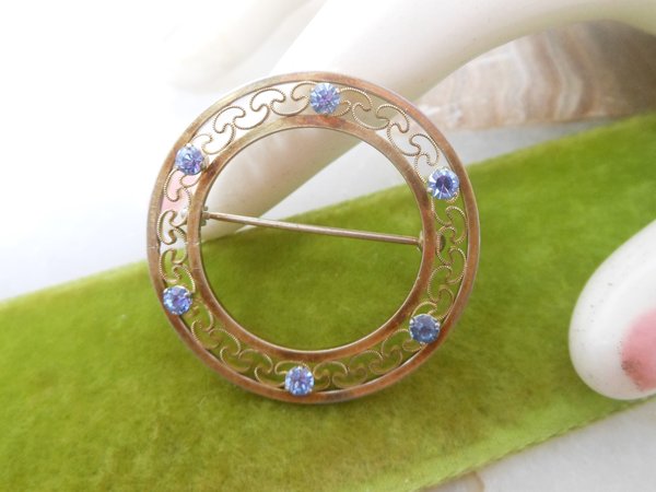 Vintage KREMENTZ Brooch Blue Crystal Wreath Pin Gold Overlay Minimalist Designer Mid Century Delicate Jewelry March Gift, VivianJoel.com