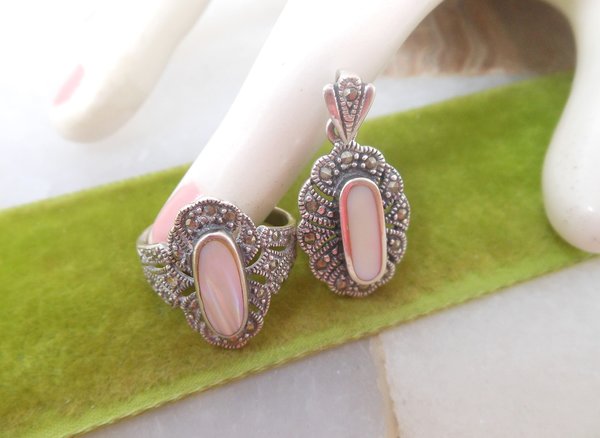 Vintage STERLING SILVER Marcasite Ring Pendant Blush Pink Mother of Pearl SET 925 Jewelry Gift Size 7, VivianJoel.com