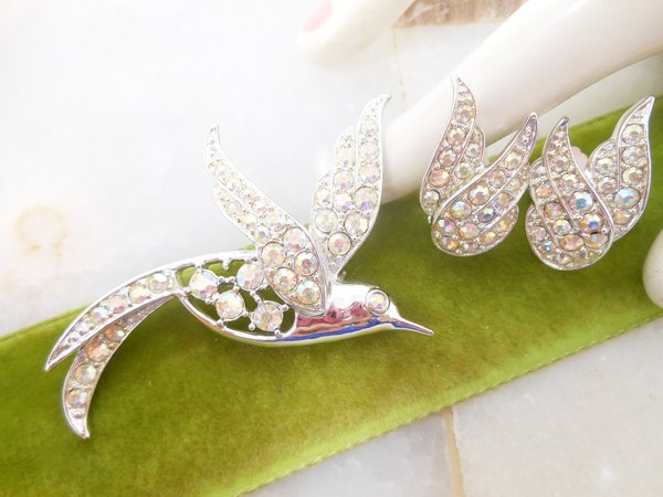 Vintage SARAH COVENTRY Bird of Paradise Brooch Earrings SET Crystal Rhinestone Aurora Borealis Designer Mid Century Jewelry, VivianJoel.com