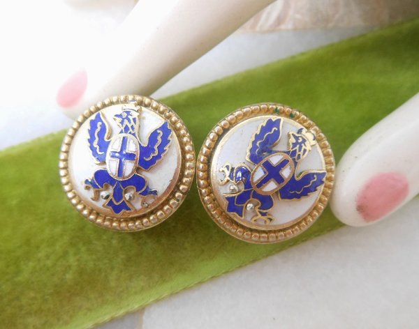 Vintage CORO Heraldic Earrings Screw Back Blue Enamel Cross Phoenix Designer Jewelry Gift Mid Century, VivianJoel.com