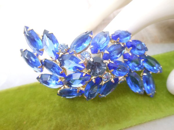 Vintage Blue Open Back Brooch Crystal Rhinestone Pin Regency Revival Cobalt Spray Jewelry Gift Mid Century, VivianJoel.com