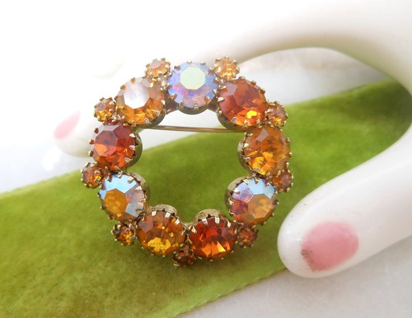 Vintage Topaz Rhinestone Brooch Wreath Pin Fall Colors Aurora Borealis Crystal Jewelry Gift Mid Century, VivianJoel.com