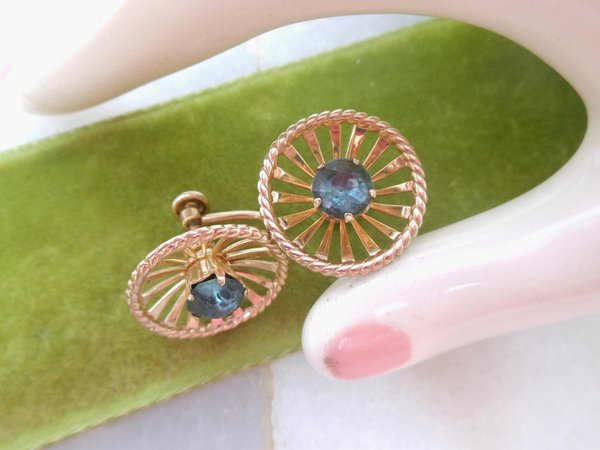 Vintage VAN DELL Earrings Gold Fill Screw Back Aquamarine Teal Crystal Blue GF Designer Mid Century Jewelry, VivianJoel.com