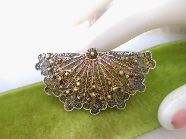 Vintage Portugal STERLING SILVER Brooch Filigree Fan Pin Spun Cannetille Antique Mid Century Jewelry Gift, VivianJoel.com