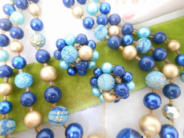 Vintage Blue Sugar Necklace Earring Set Demi Parure Plastic Satin Bead 3 Strand Bib Retro Pin Up Jewelry Mid Century, VivianJoel.com